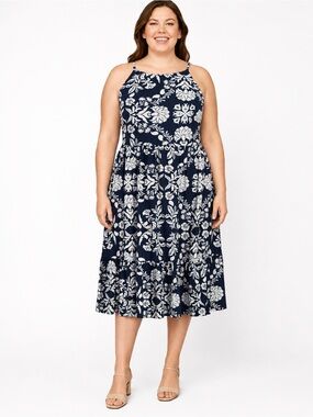 NWT Navy Floral Tie Back Midi Dress XL (16–18) Linen Blend